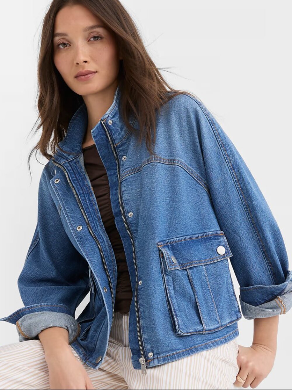 Petite Denim Modern Cargo Jacket in Authentic Indigo